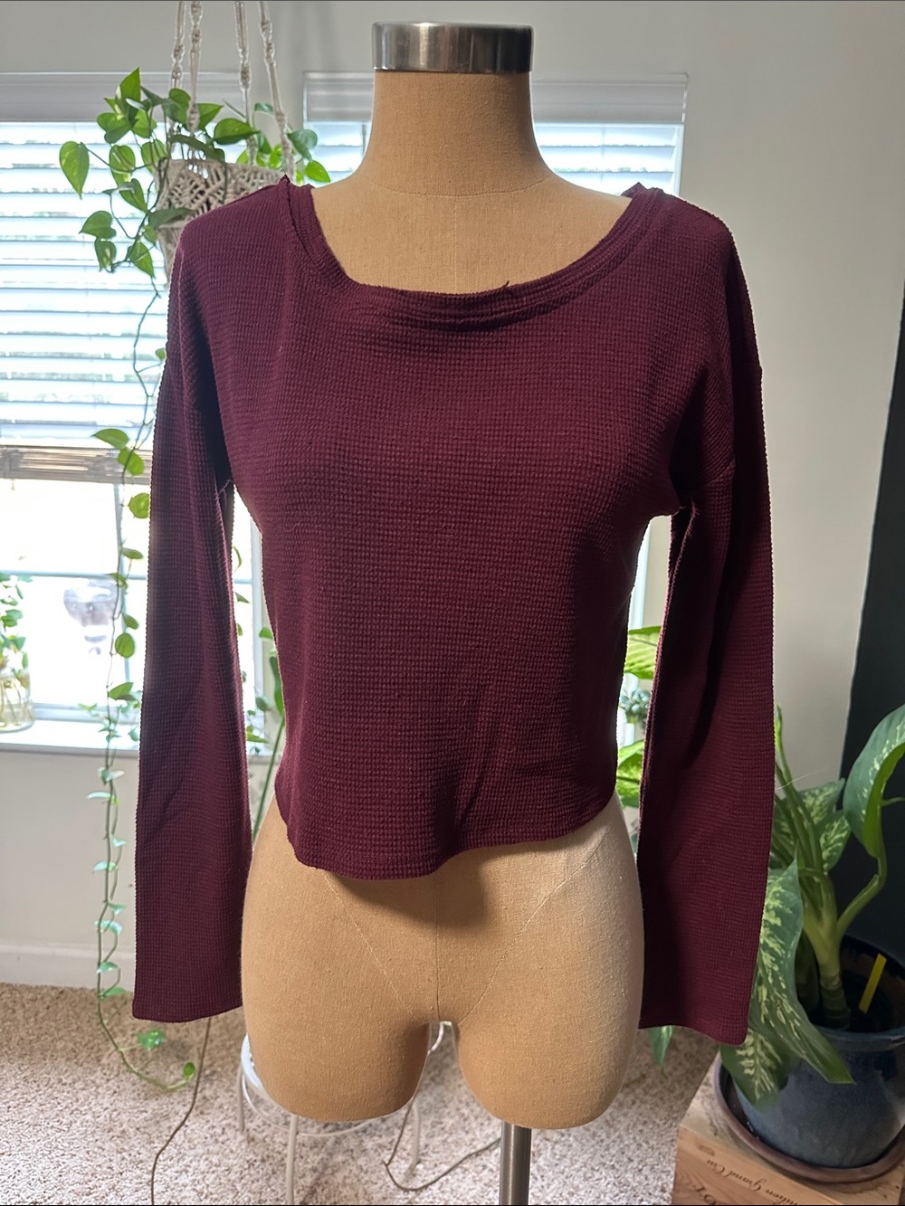 Women’s Long Sleeve Waffle Knit Top - Burgundy